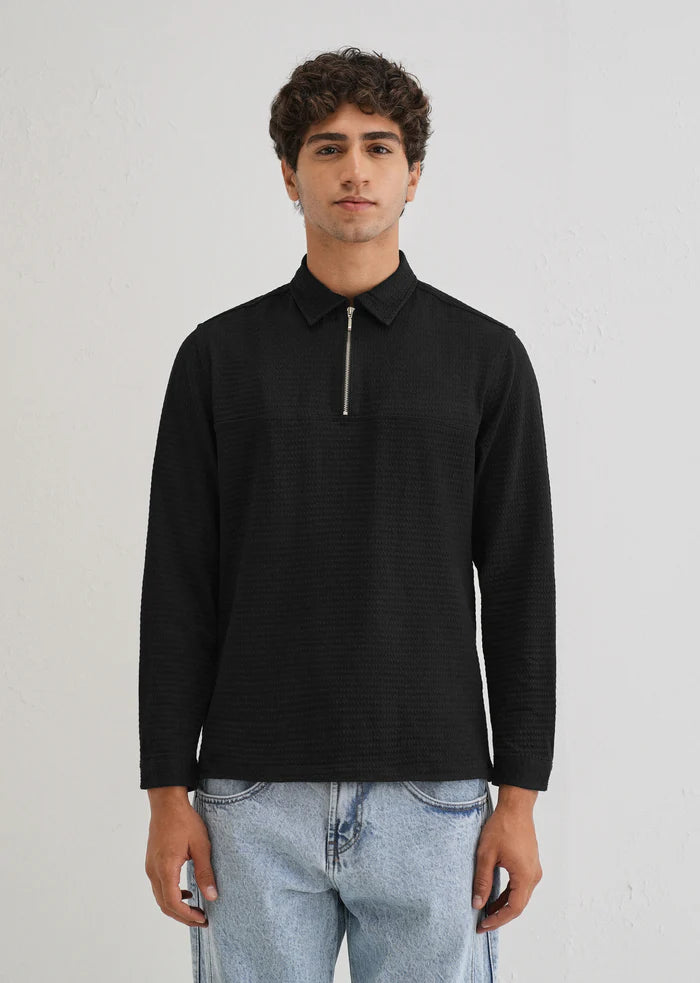 Black Zipper Polo Knit T-shirt