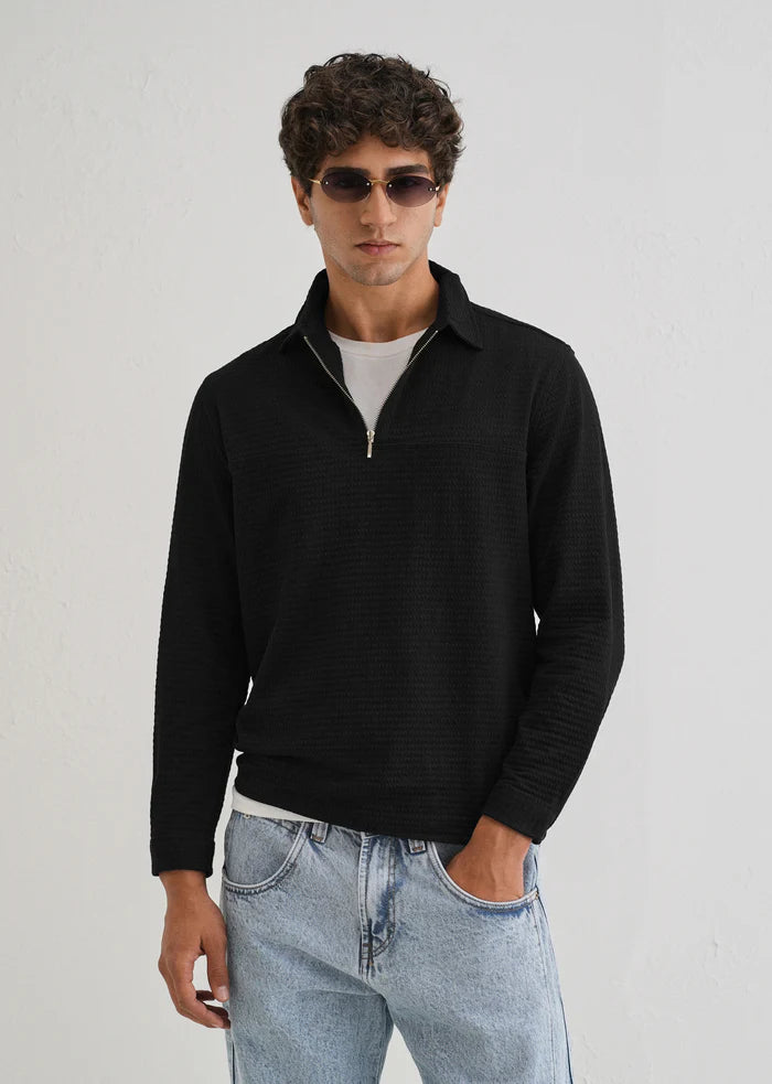 Black Zipper Polo Knit T-shirt