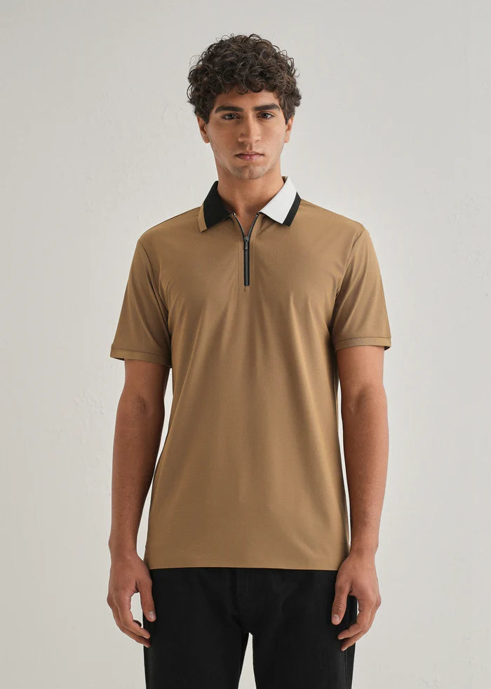 Khaki Zipper Polo Collar Seamless T-shirt