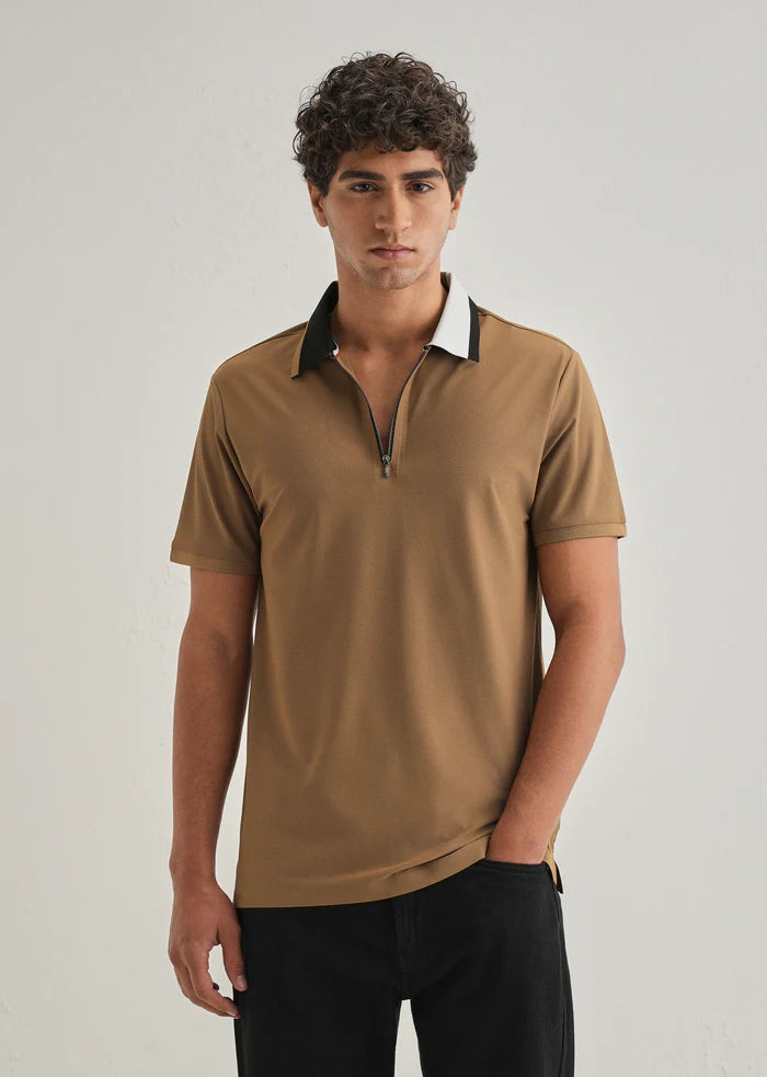 Khaki Zipper Polo Collar Seamless T-shirt